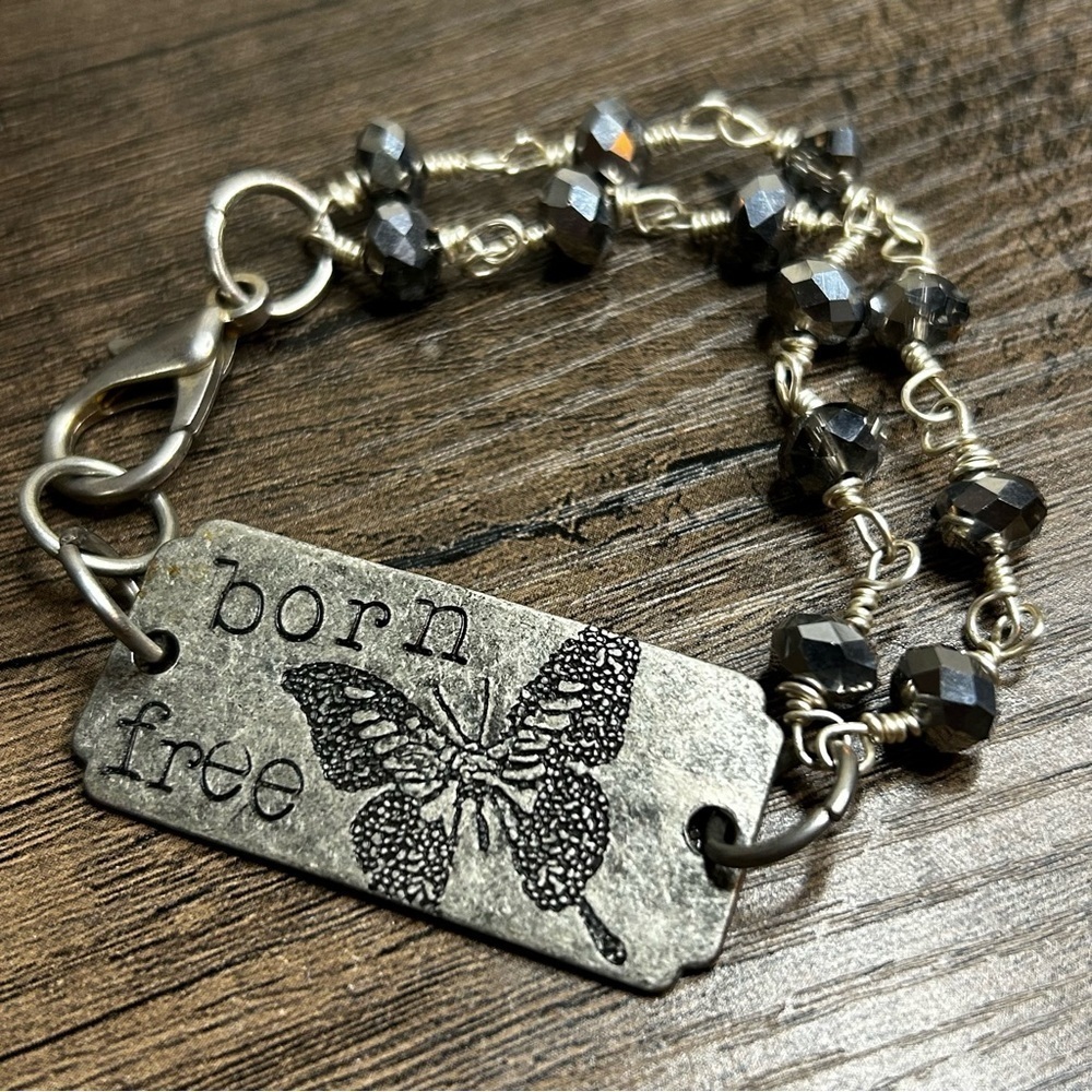 Vintage Born Free Butterfly Etched Silver Tone Grey Beads Bracelet